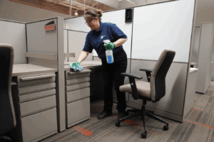 Commercial cleaners in Green Bay, Wisconsin, performing various cleaning services in an office building. 