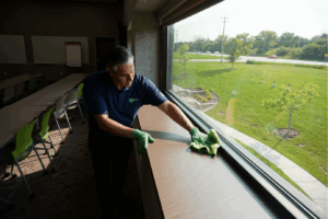 Janitorial service company staff performing various cleaning tasks in an office environment in Salt Lake City, Utah. 